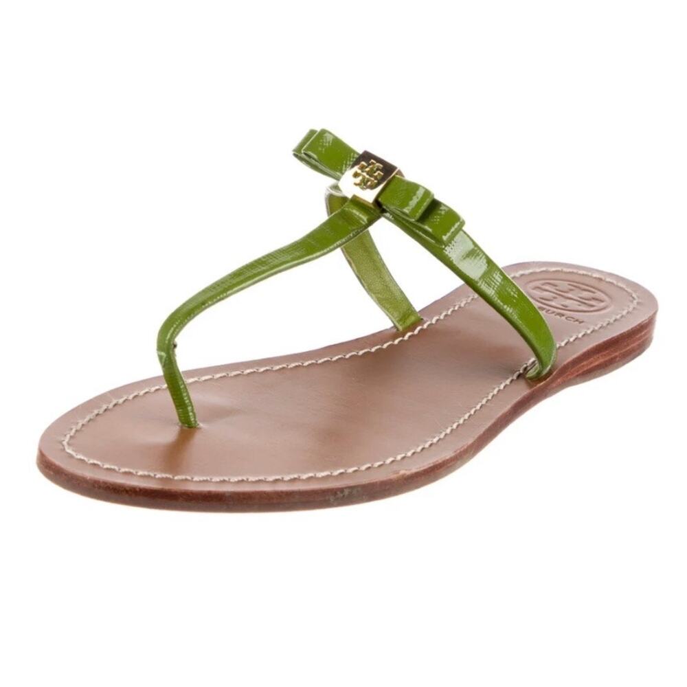 Tory Burch Green Patent Leather Bow T-Strap Flat Sandals 10